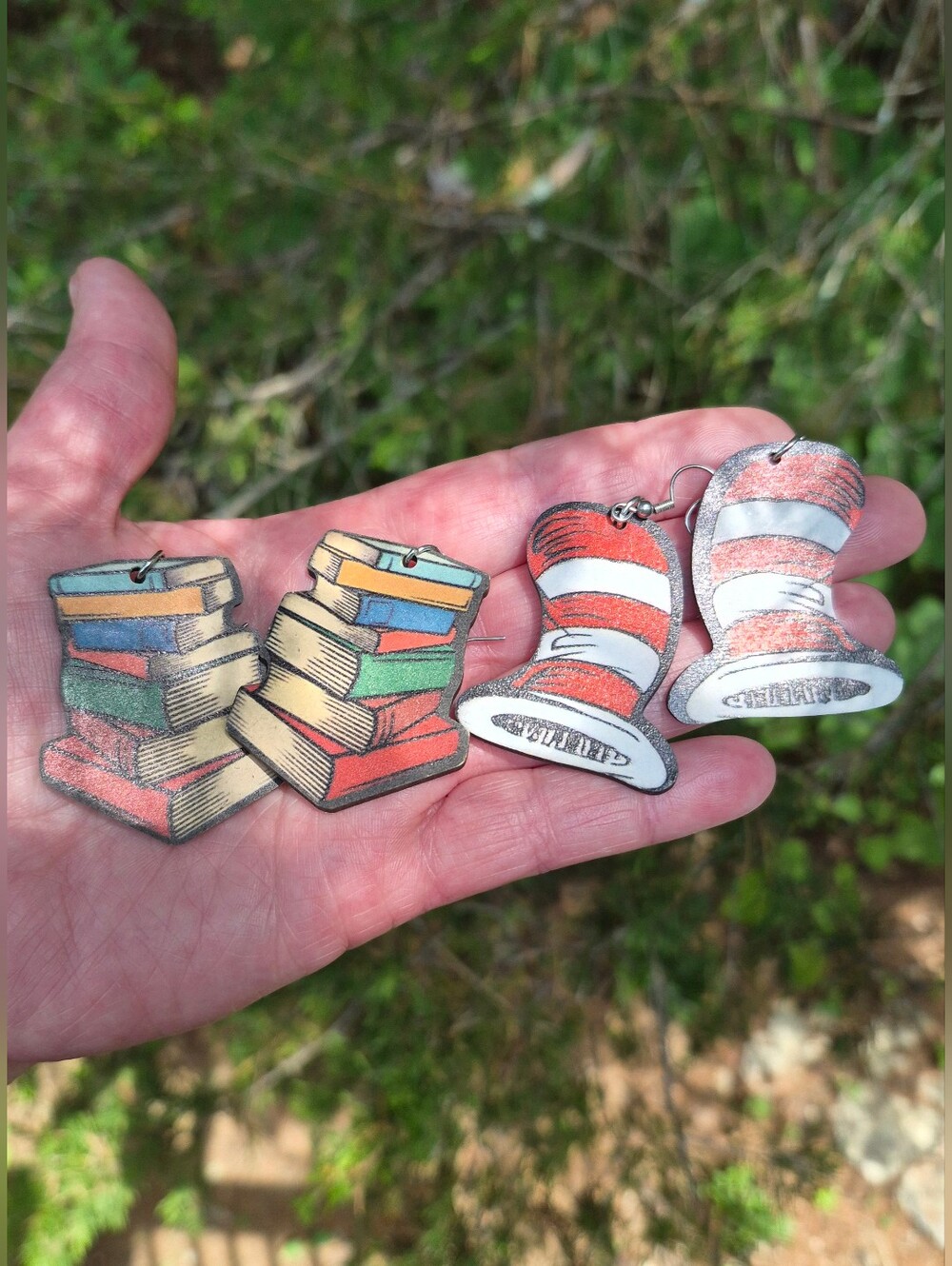 Cat In The Hat And Stack Of Books Lot Of 2 Pairs Of Earrings Librarian Teacher